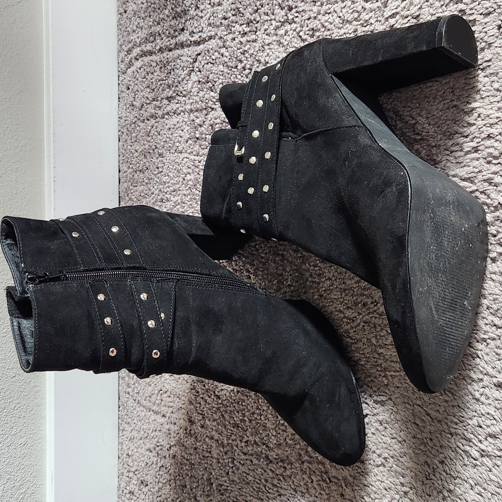 Black Suede Ankle Boots with Studded Straps
